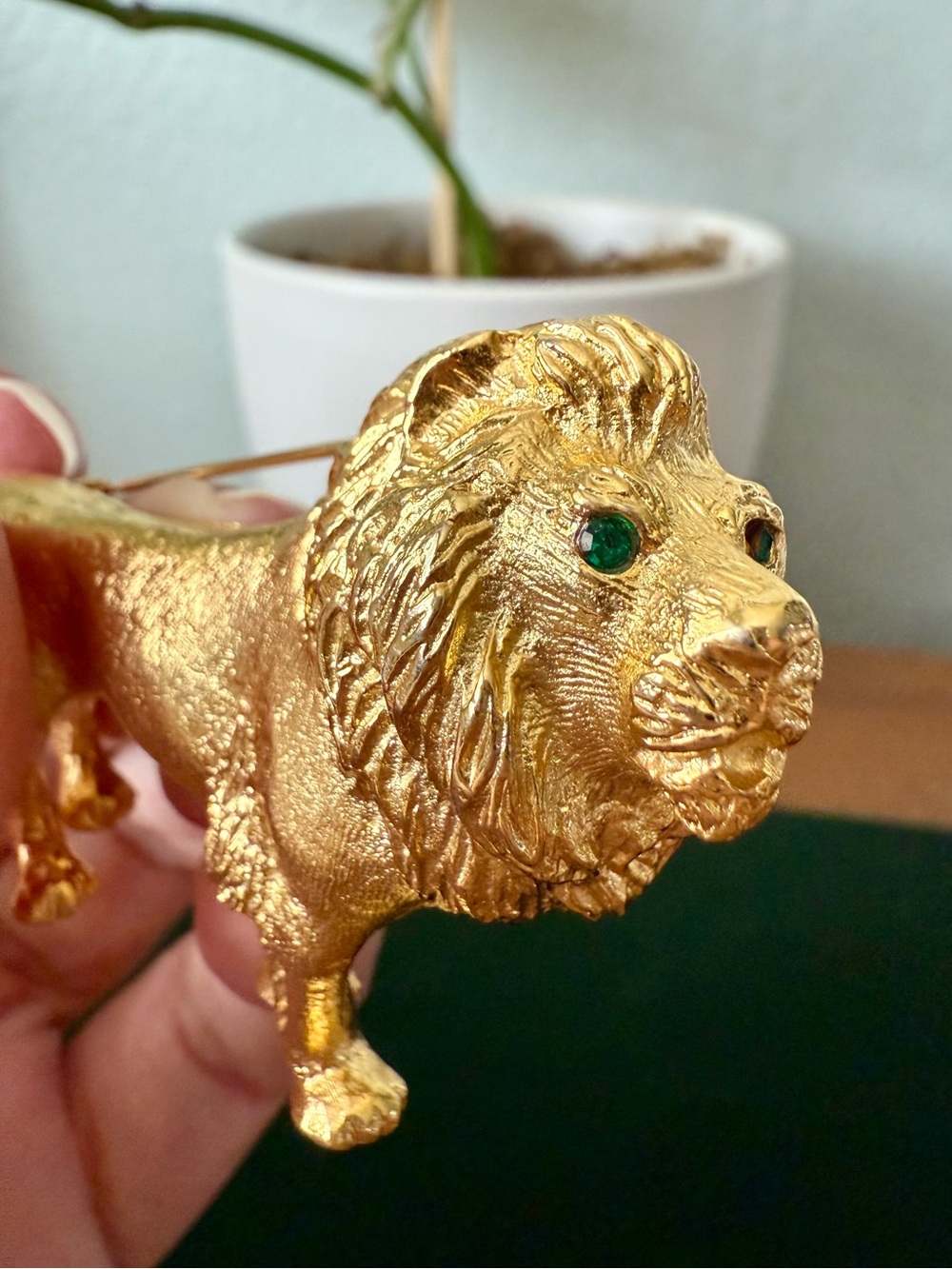 Vintage Gold Lion Brooch Pin with Green Rhinestone Eyes Goldtone Large Figural